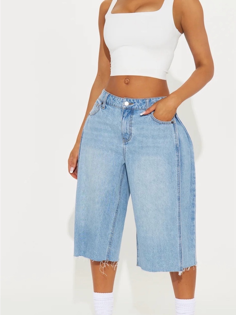 Fashion Nova Aleska Pleated Non Stretch Light Denim Shorts - Picture 2 of 7